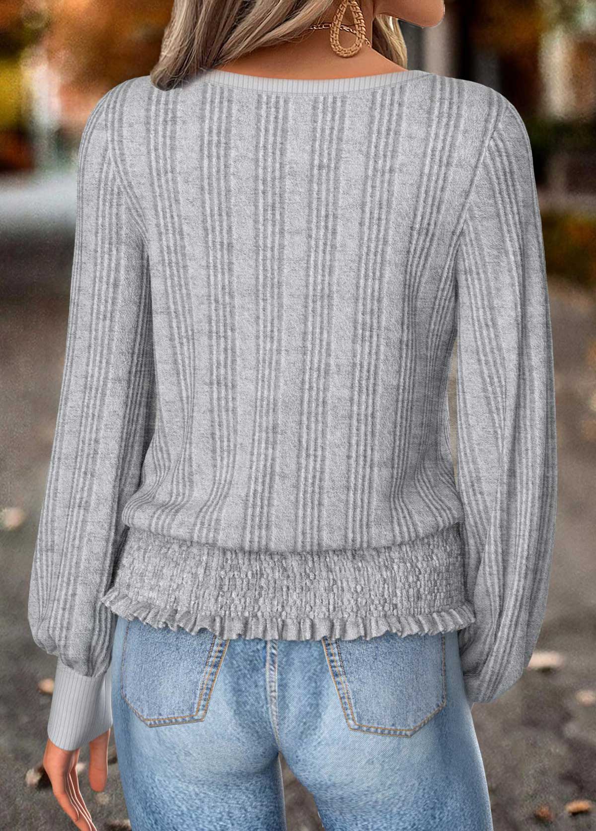 Grey Tummy Coverage Long Sleeve Round Neck T Shirt | picture 