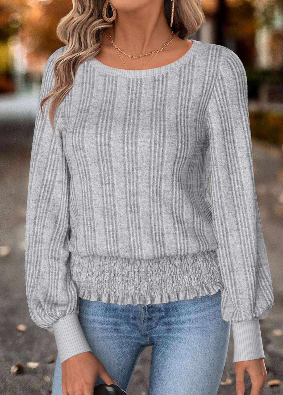 Grey Tummy Coverage Long Sleeve Round Neck T Shirt | picture 