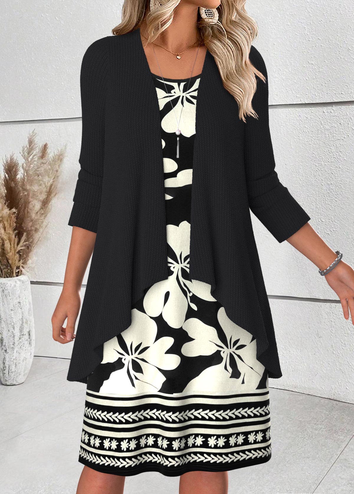 Black Tummy Coverage Floral Print Dress and Cardigan | picture 