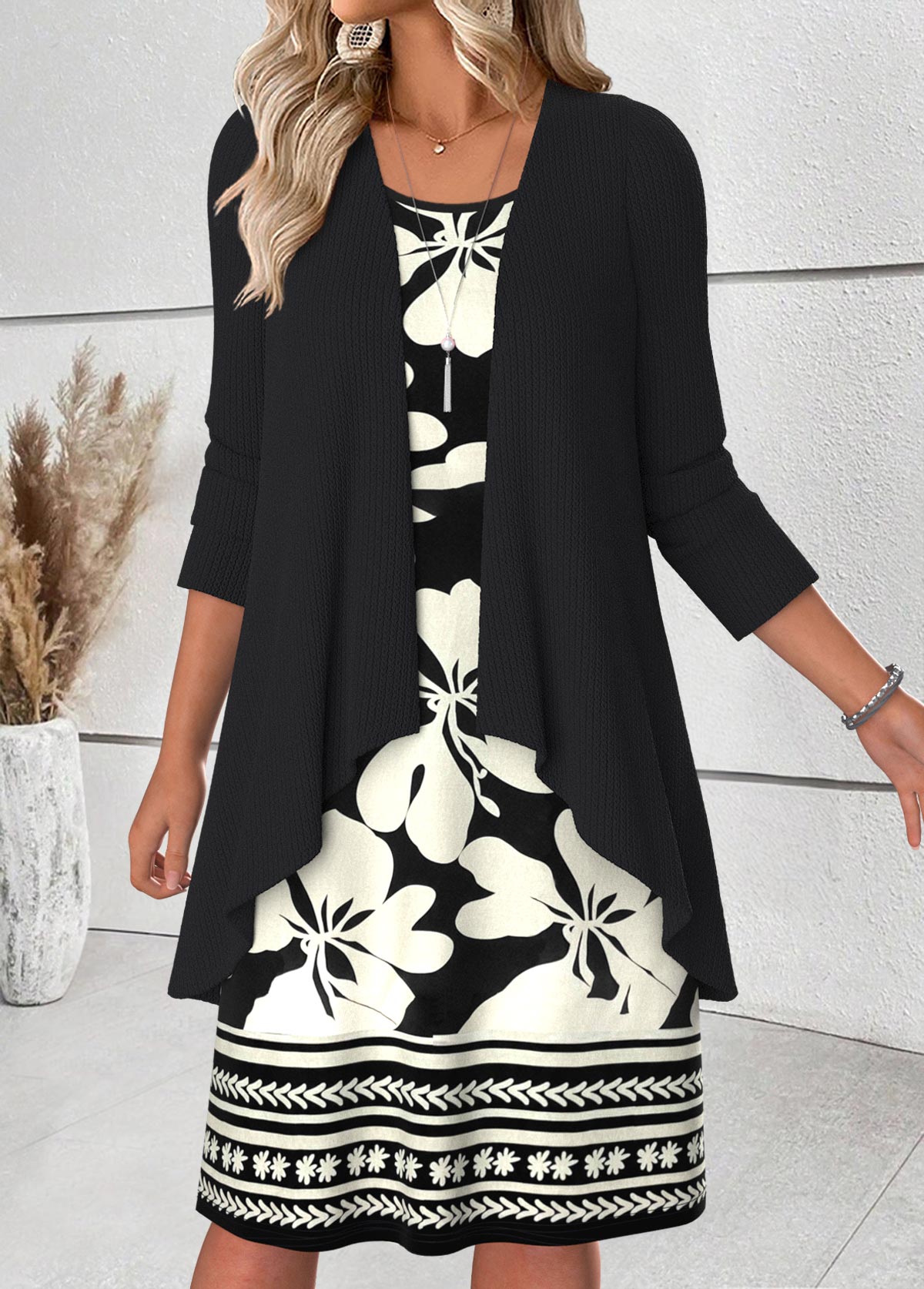 Black Tummy Coverage Floral Print Dress and Cardigan | picture 
