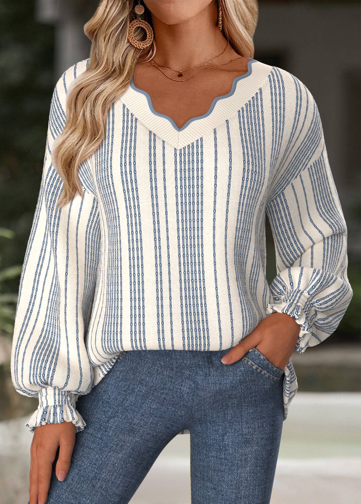Beige Tummy Coverage Striped Long Sleeve V Neck Sweatshirt | picture 