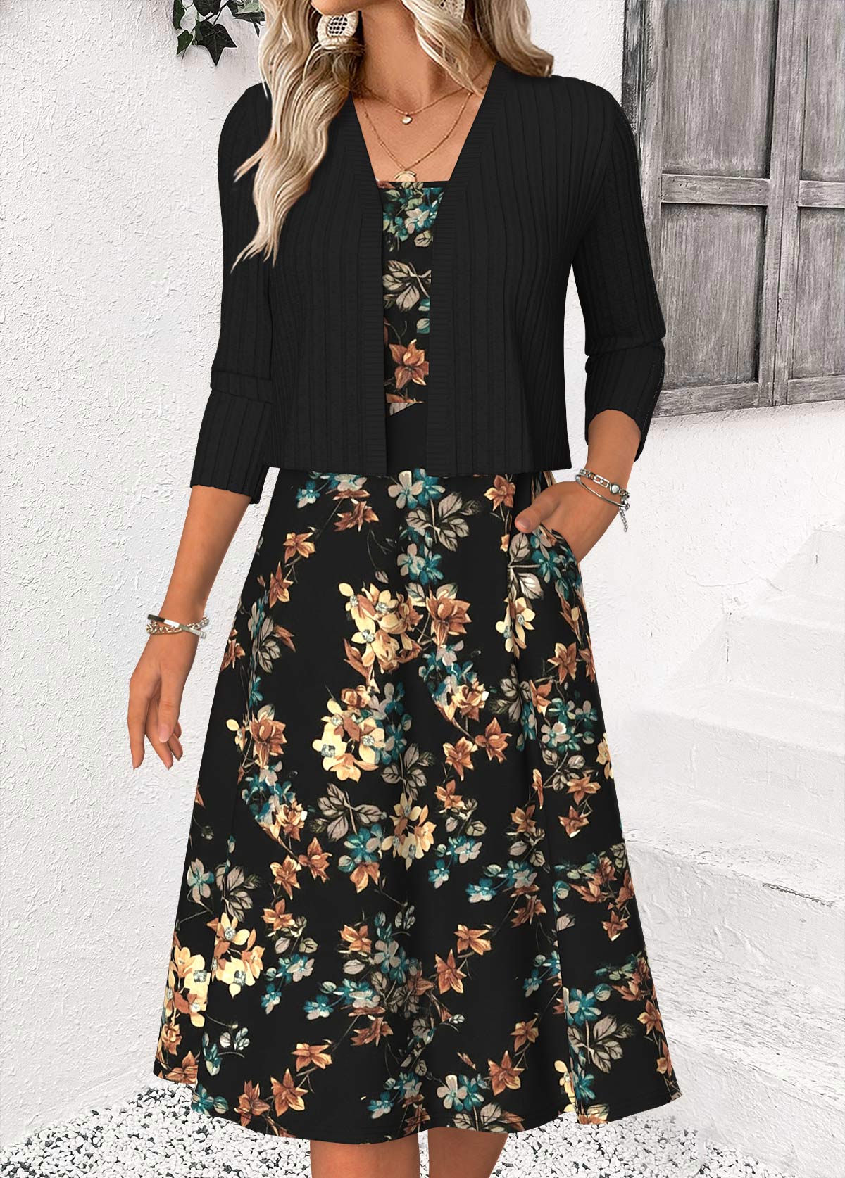Black Tummy Coverage Floral Print Long Sleeve Dress | picture 