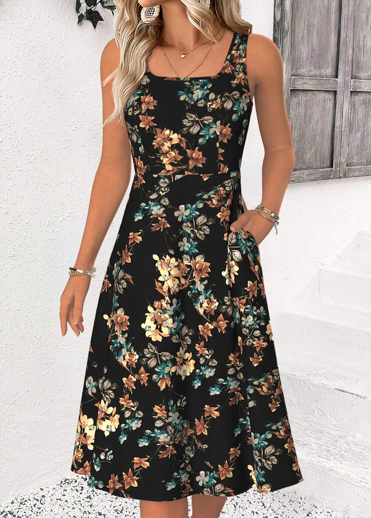 Black Tummy Coverage Floral Print Long Sleeve Dress | picture 
