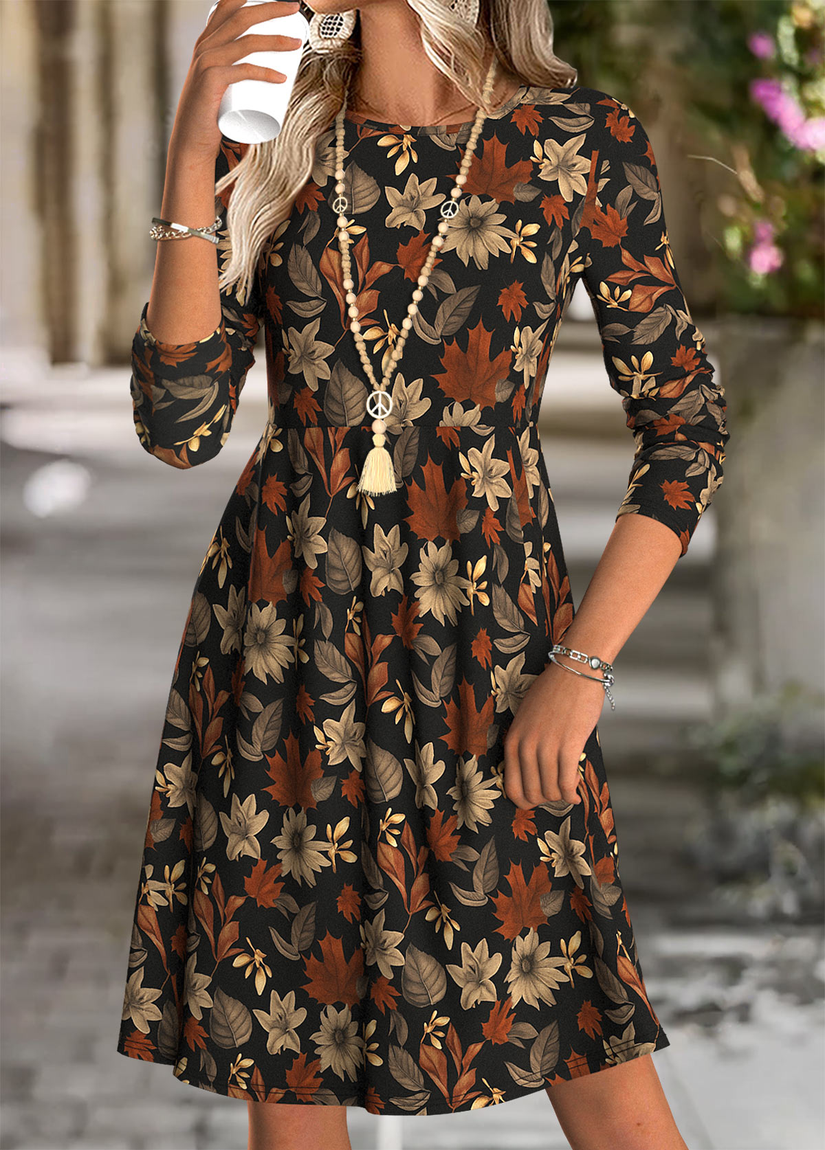 Multi Color Leaf Print Tummy Control Long Sleeve Dress for Fall Winter