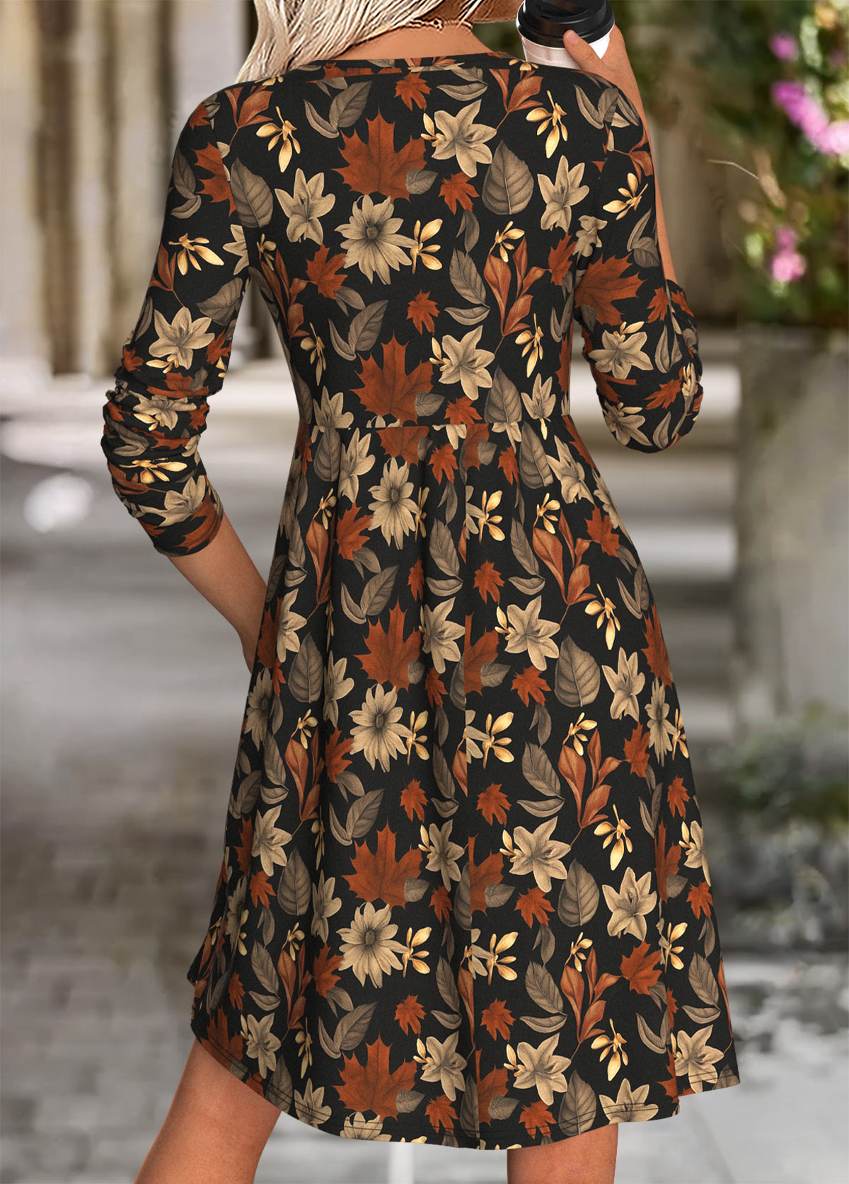 Multi Color Tummy Coverage Leaf Print Long Sleeve Dress | picture 