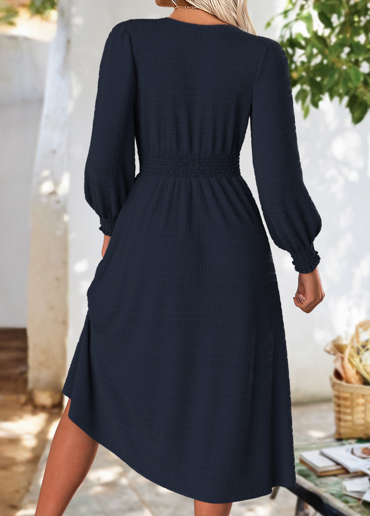 Navy Tummy Coverage Long Sleeve V Neck Dress | picture 