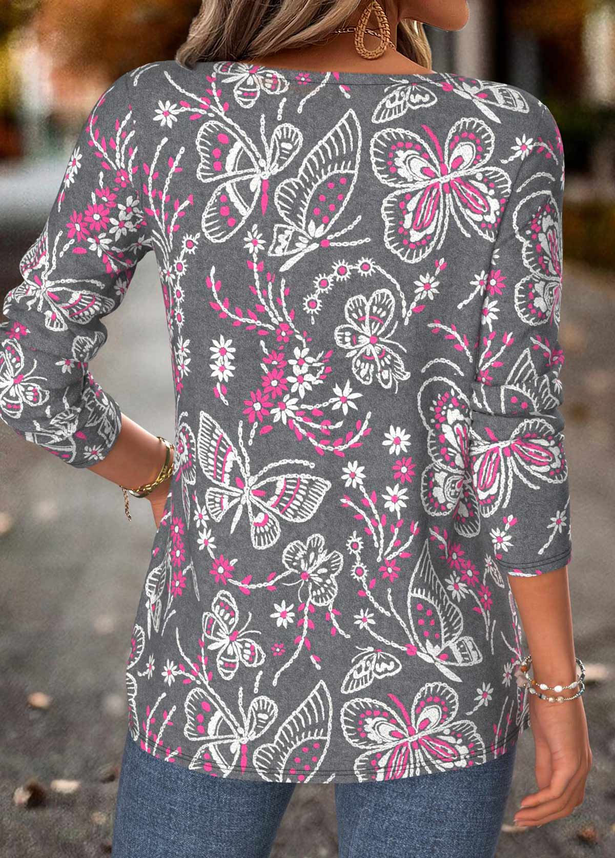 Dark Grey Marl Tummy Coverage Butterfly Print T Shirt | picture 