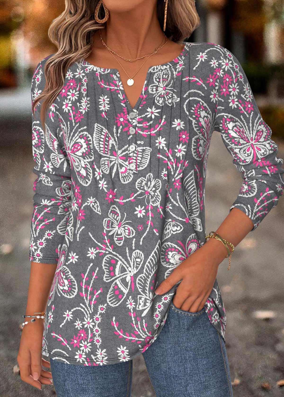 Dark Grey Marl Tummy Coverage Butterfly Print T Shirt | picture 