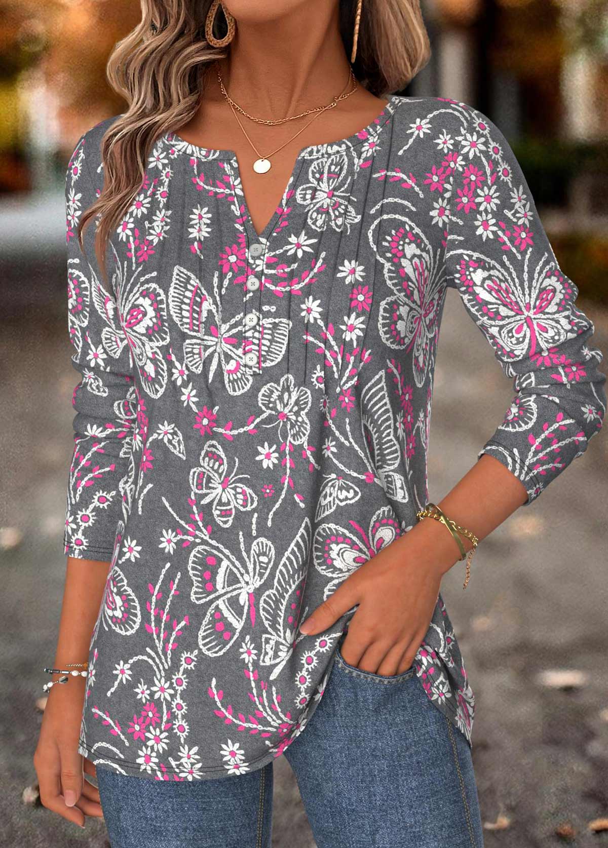 Dark Grey Marl Tummy Coverage Butterfly Print T Shirt | picture 