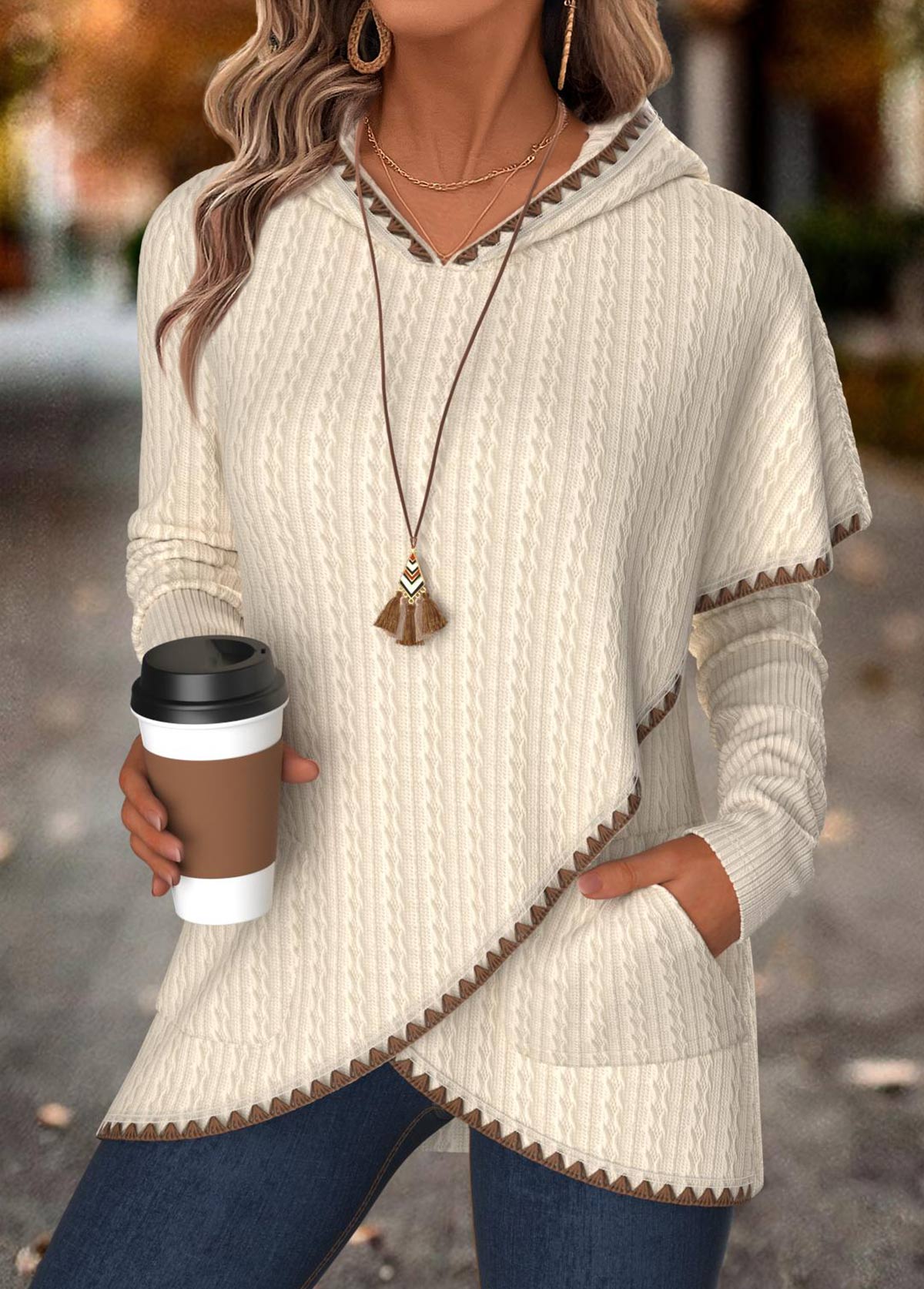 Beige Tummy Coverage Long Sleeve Hoodie | picture 