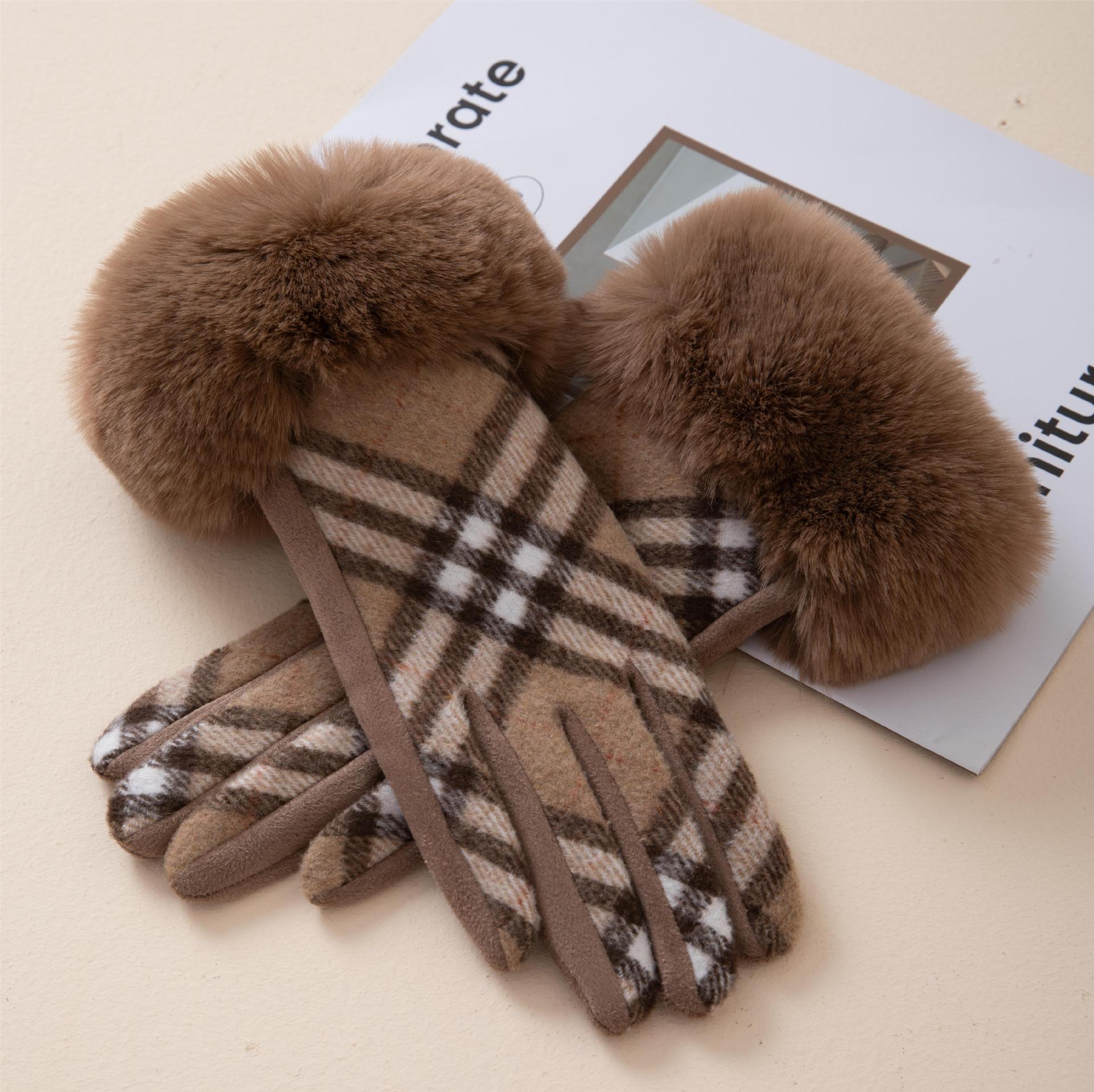 Light Coffee Plaid Wrist Warming Full Finger Gloves | picture 