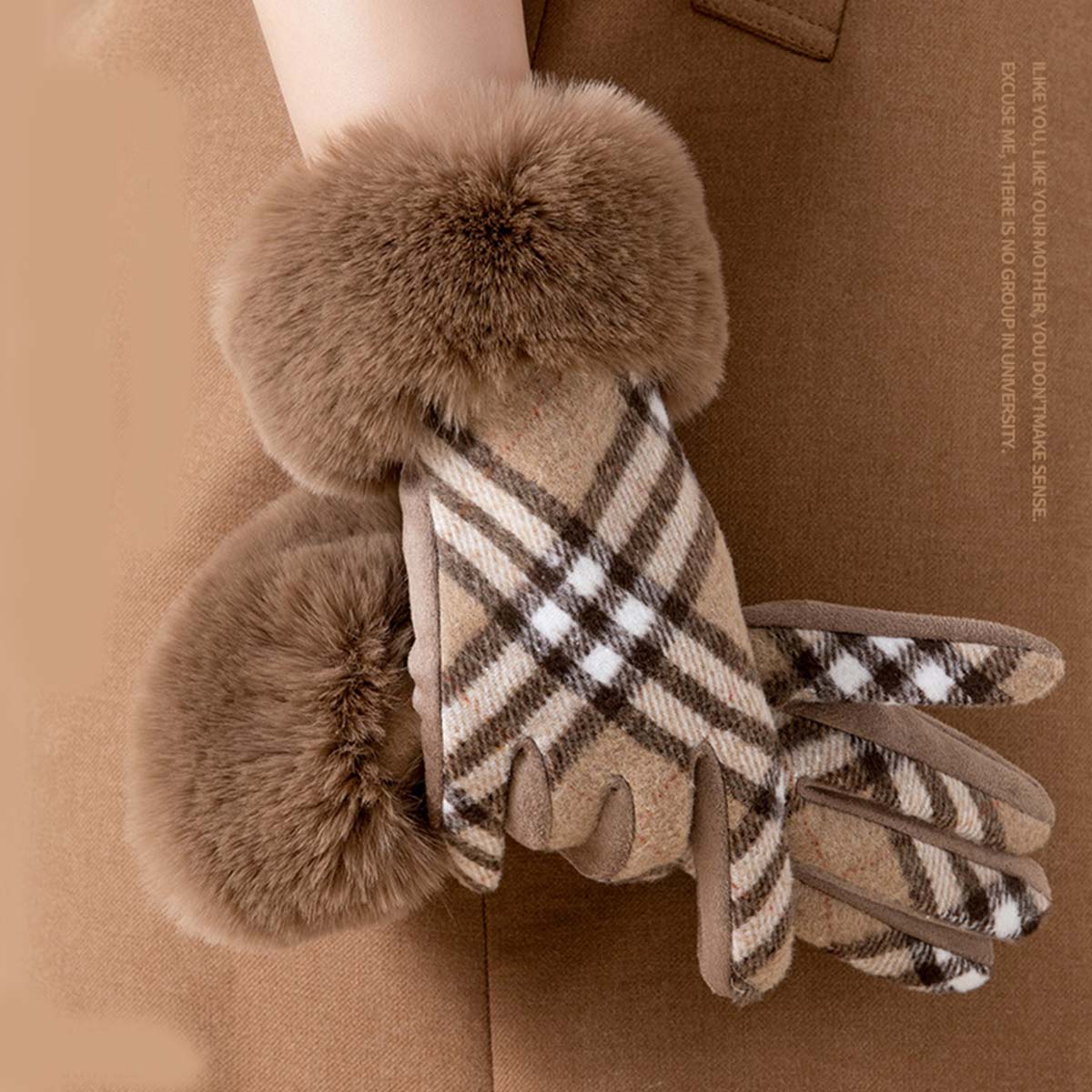 Light Coffee Plaid Wrist Warming Full Finger Gloves | picture 
