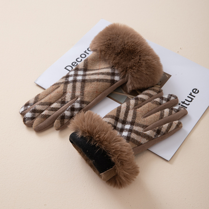 Light Coffee Plaid Wrist Warming Full Finger Gloves | picture 