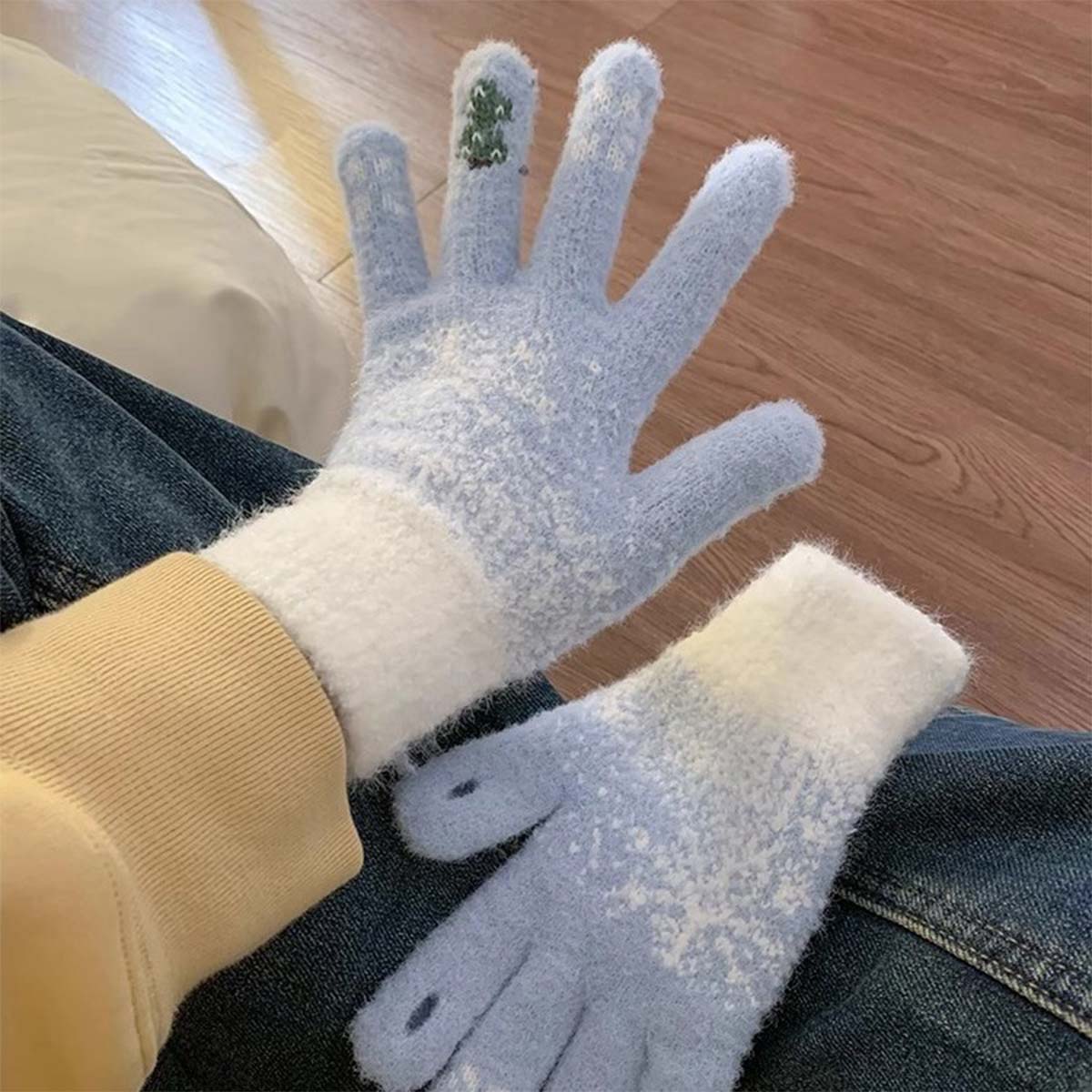 Dusty Blue Snowflake Print Wrist Warming Gloves | picture 