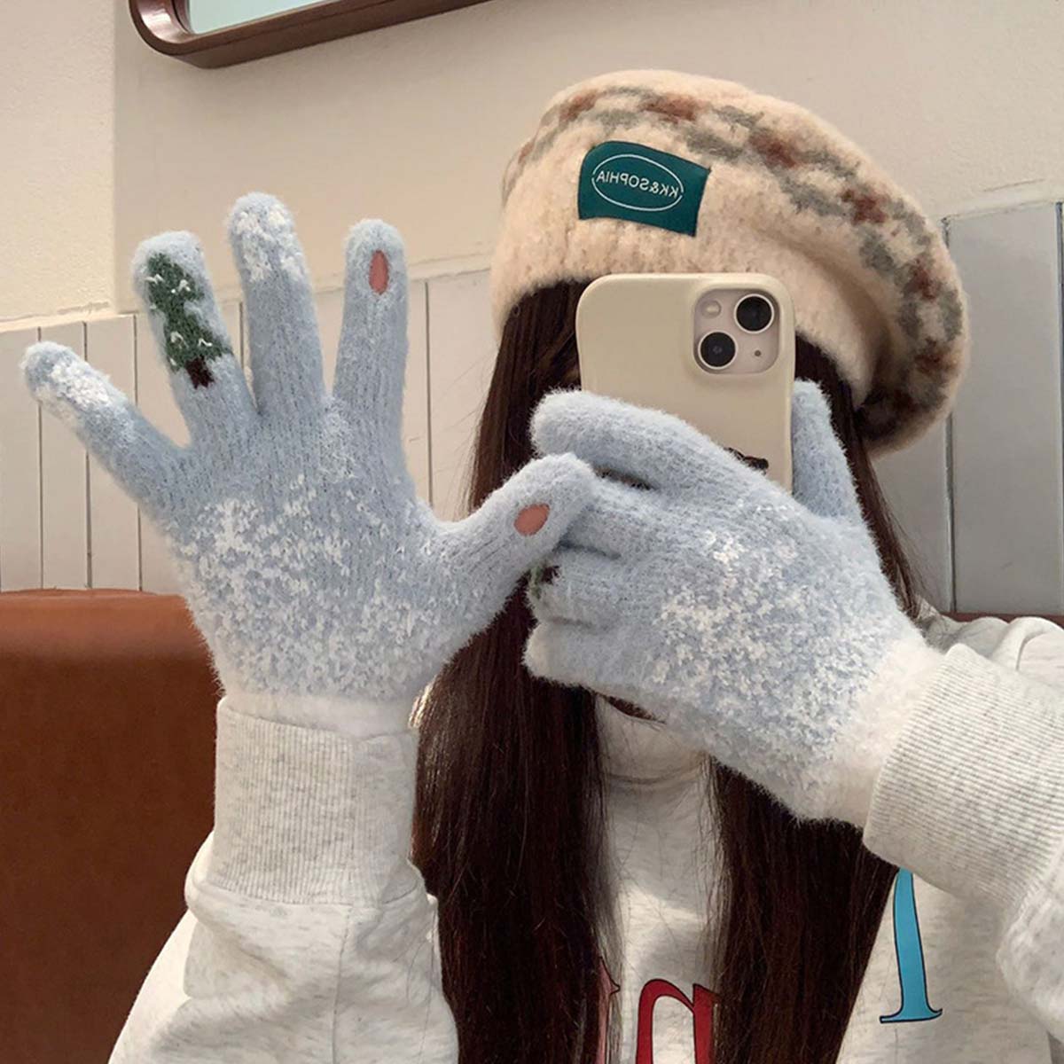 Dusty Blue Snowflake Print Wrist Warming Gloves | picture 