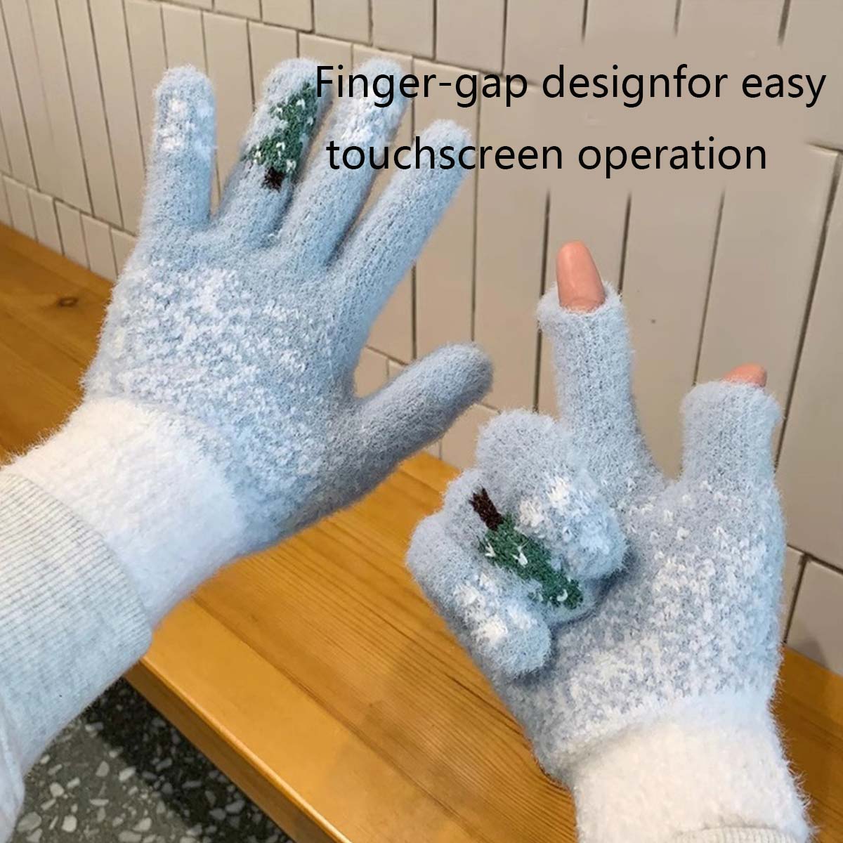 Dusty Blue Snowflake Print Wrist Warming Gloves | picture 