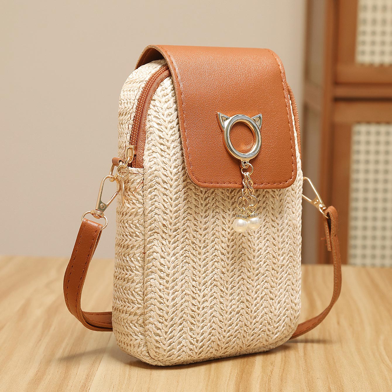 Beige Color Zip Design Crossbody Bag | picture 