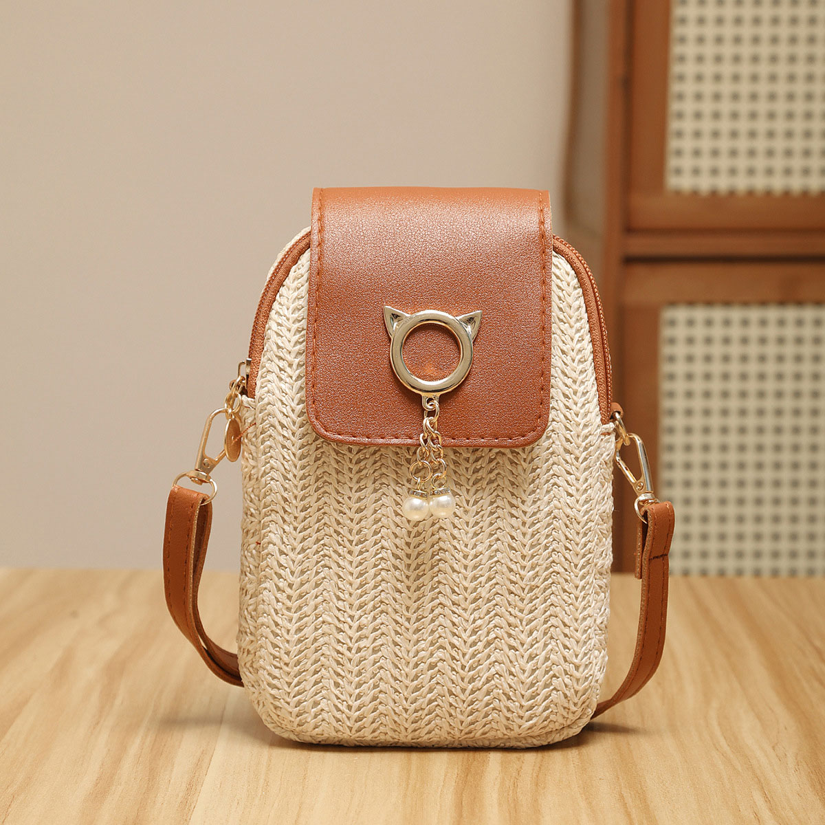 Beige Color Zip Design Crossbody Bag | picture 