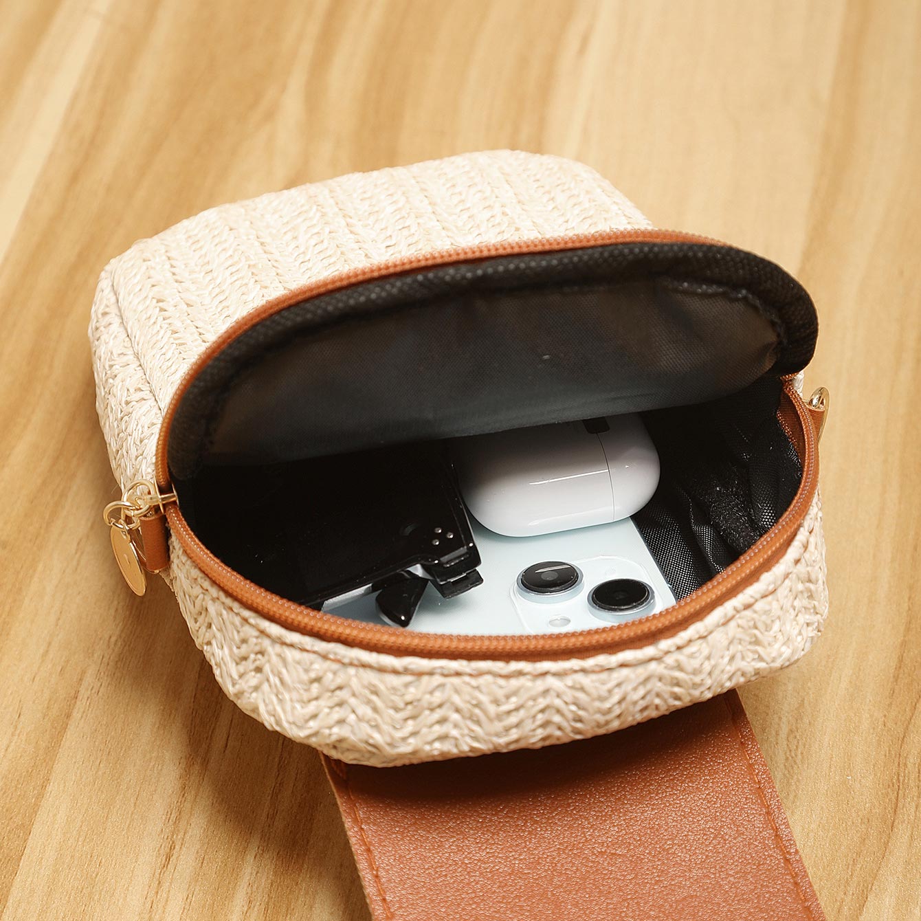 Beige Color Zip Design Crossbody Bag | picture 