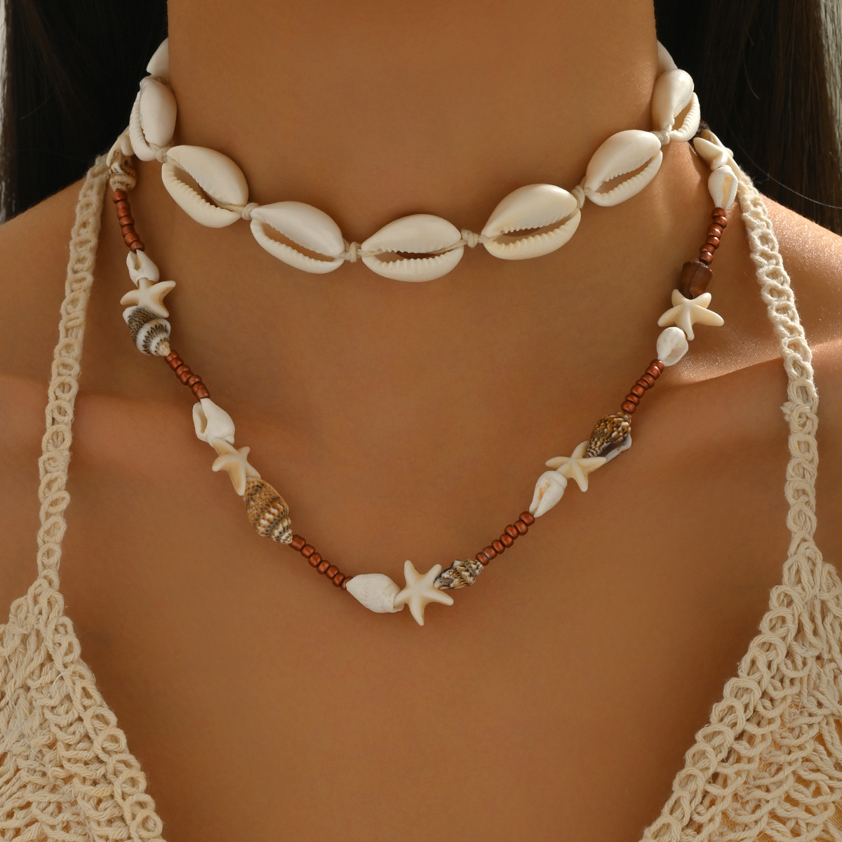 Beige Starfish Shell Design Necklace Set | picture 