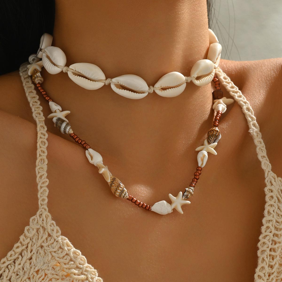 Beige Starfish Shell Design Necklace Set | picture 