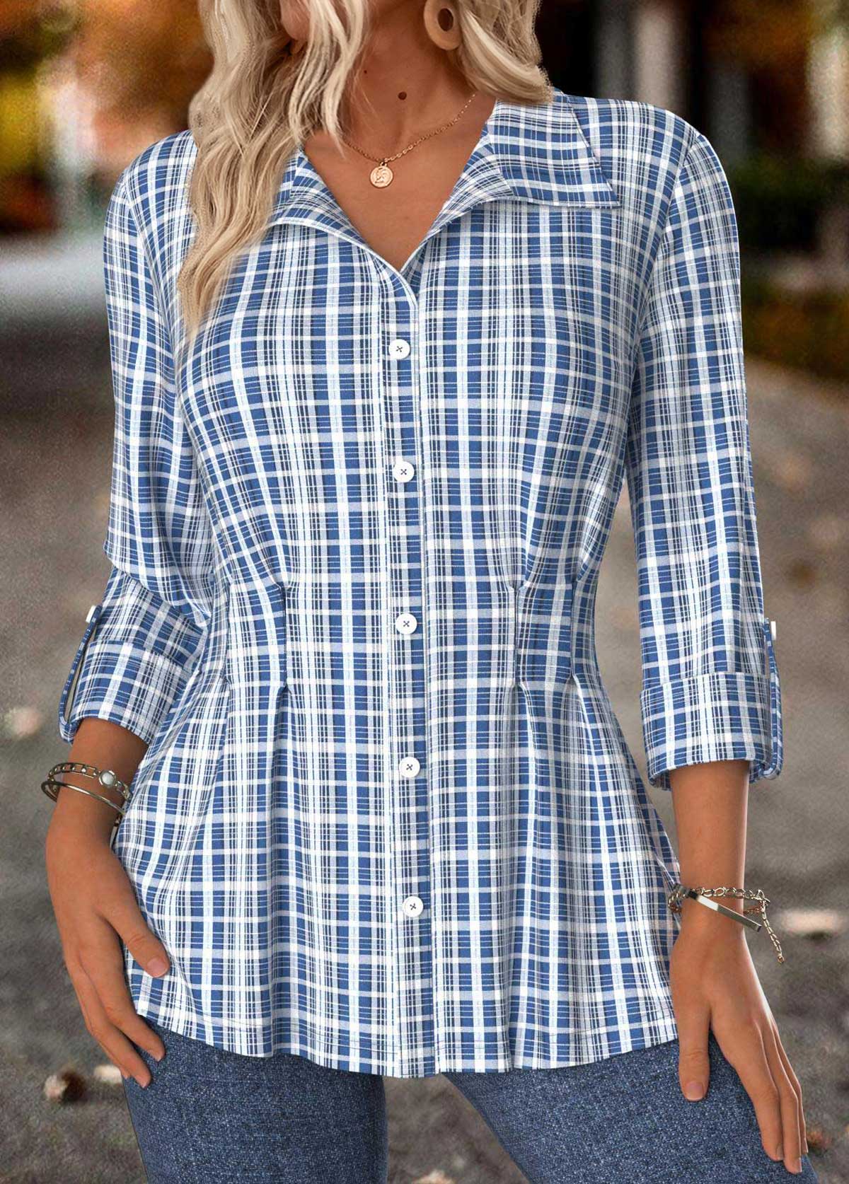 Blue Tummy Control Plaid Long Sleeve Shirt Collar Blouse | picture 