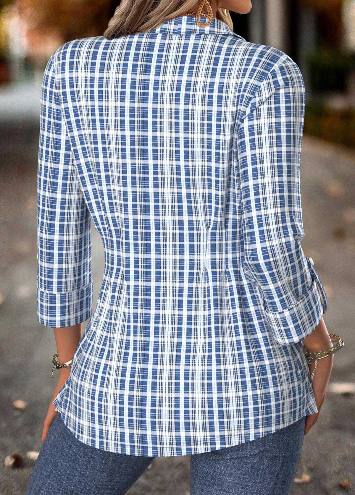 Blue Tummy Control Plaid Long Sleeve Shirt Collar Blouse | picture 