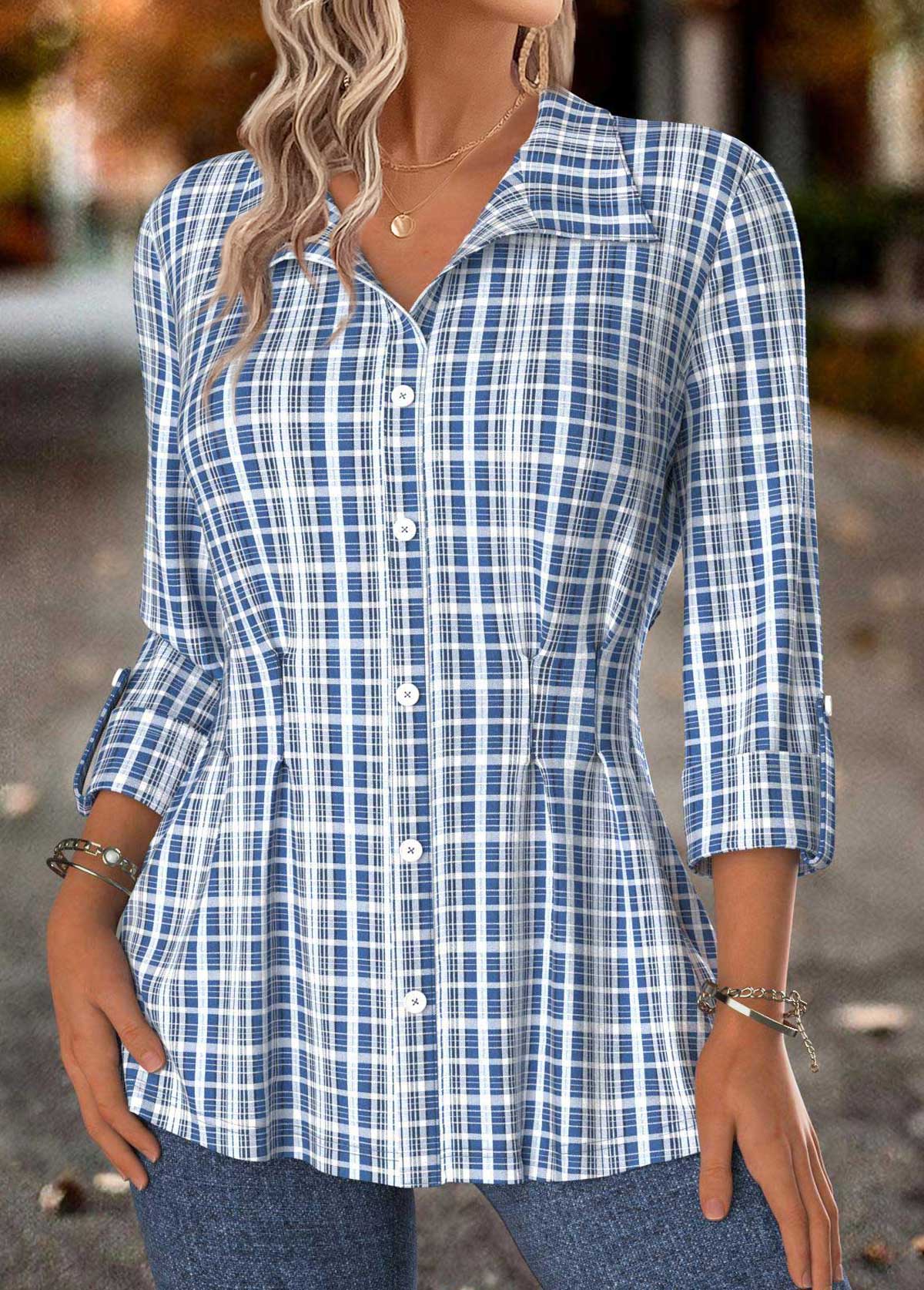 Blue Tummy Control Plaid Long Sleeve Shirt Collar Blouse | picture 