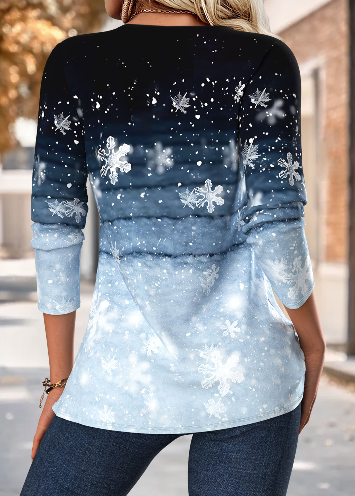 Blue Tuck Stitch Snowflake Print Long Sleeve Blouse | picture 