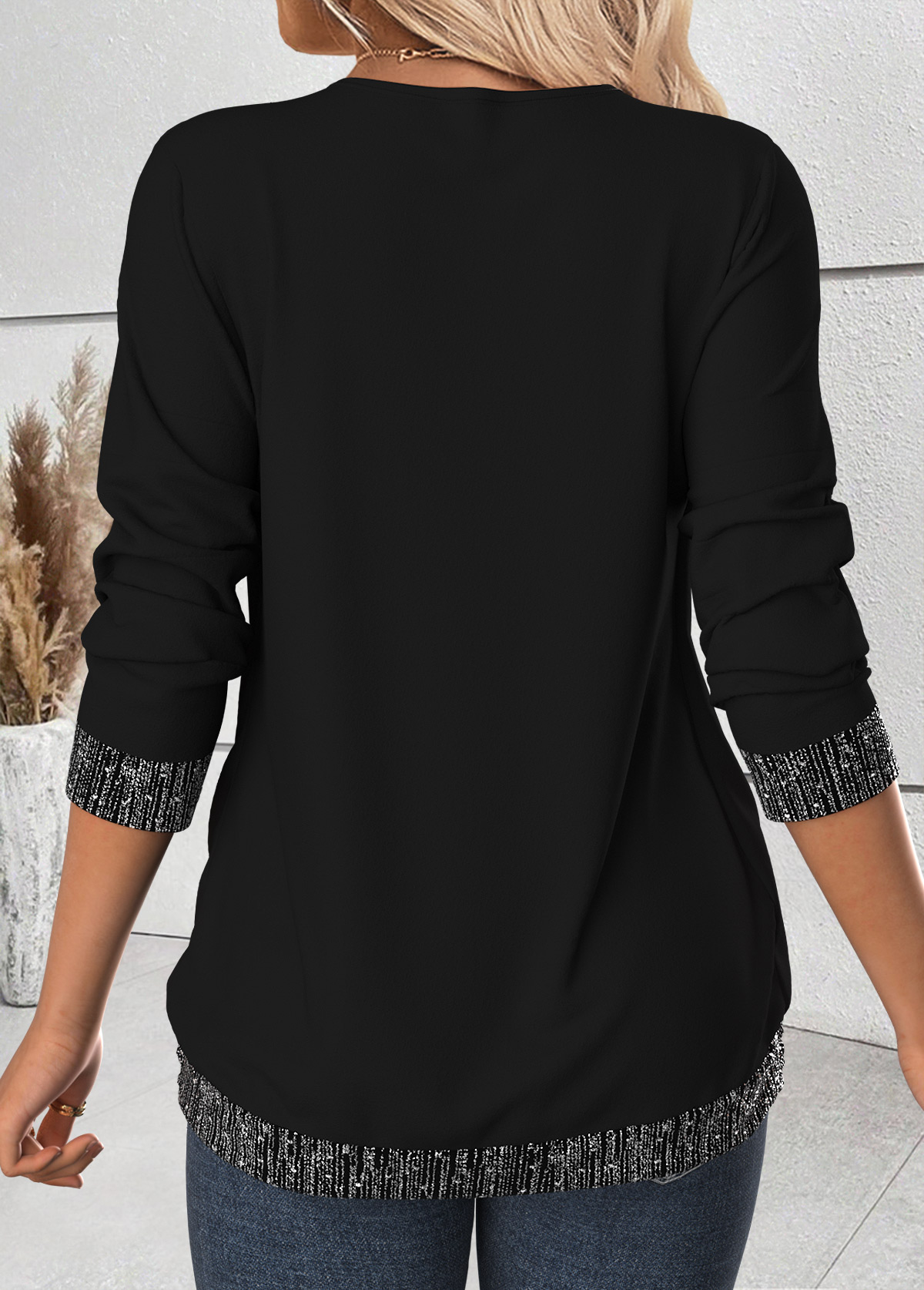 Black Tummy Coverage Long Sleeve Draped Neck T Shirt | picture 