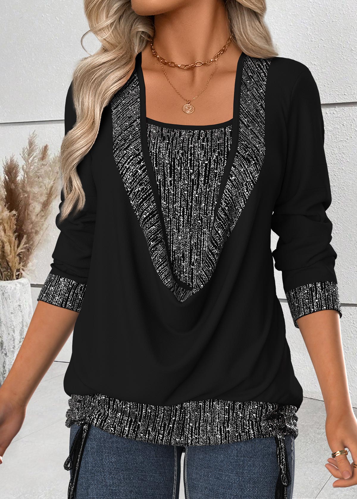 Black Tummy Coverage Long Sleeve Draped Neck T Shirt | picture 