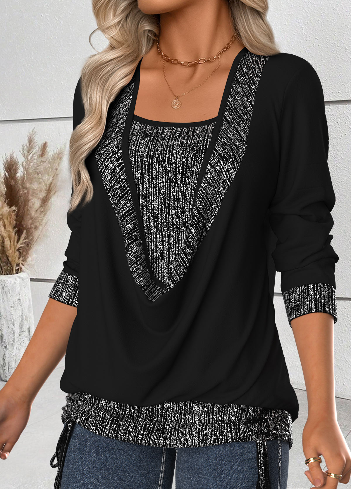 Black Tummy Coverage Long Sleeve Draped Neck T Shirt | picture 