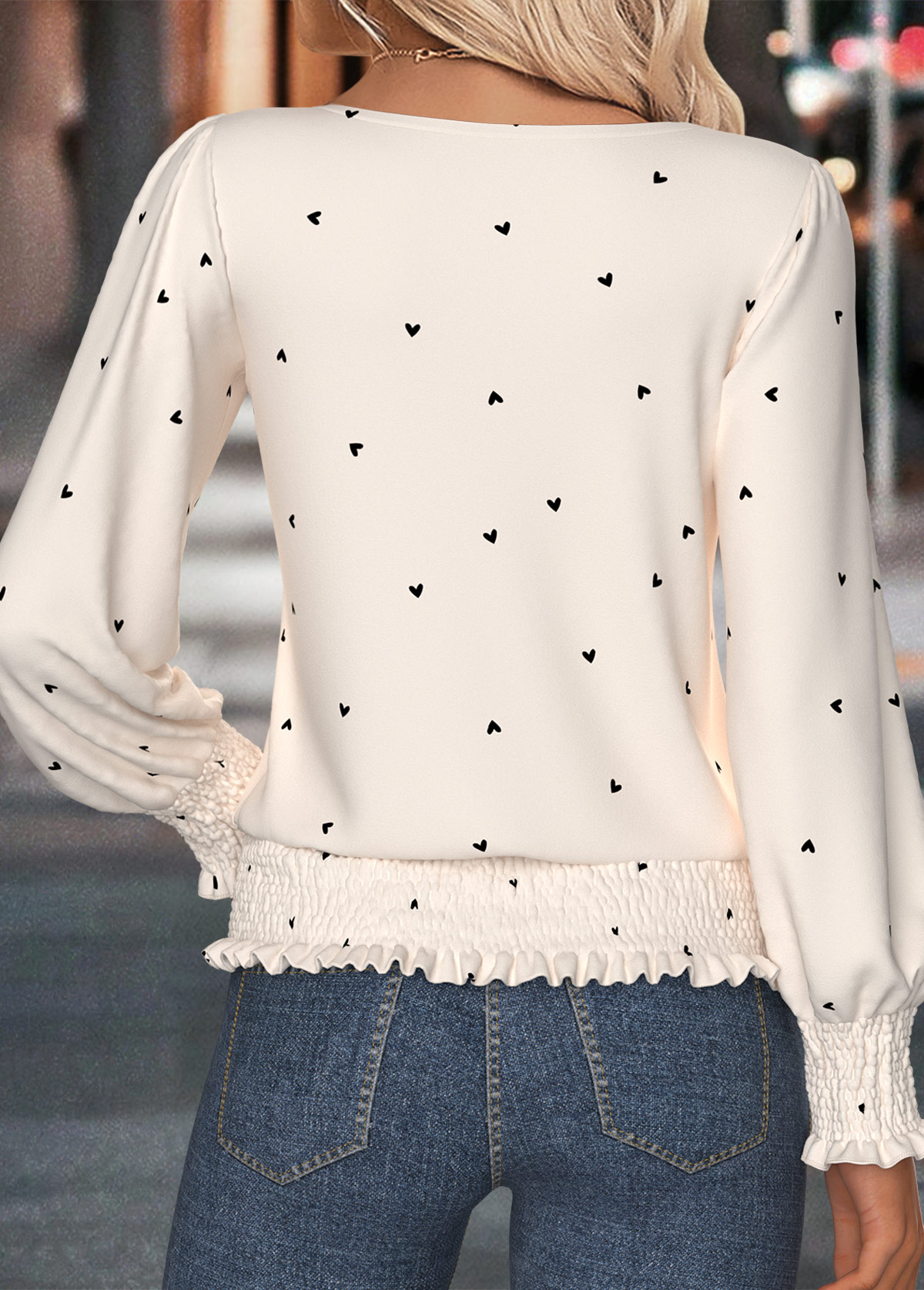 Beige Smocked Heart Print Long Sleeve T Shirt | picture 