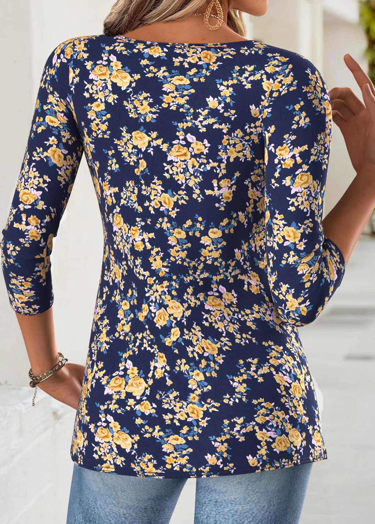 Navy Tummy Coverage Floral Print Long Sleeve T Shirt | picture 