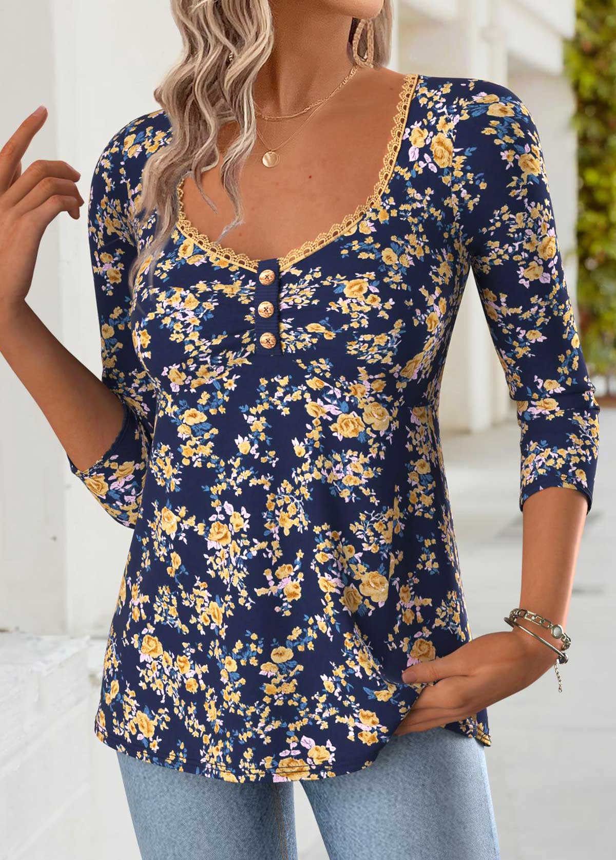 Navy Tummy Coverage Floral Print Long Sleeve T Shirt | picture 