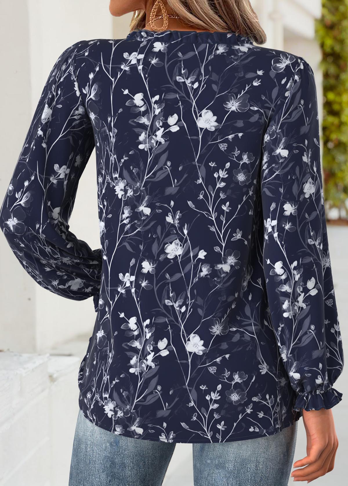 Navy Frill Floral Print Long Sleeve V Neck Blouse | picture 