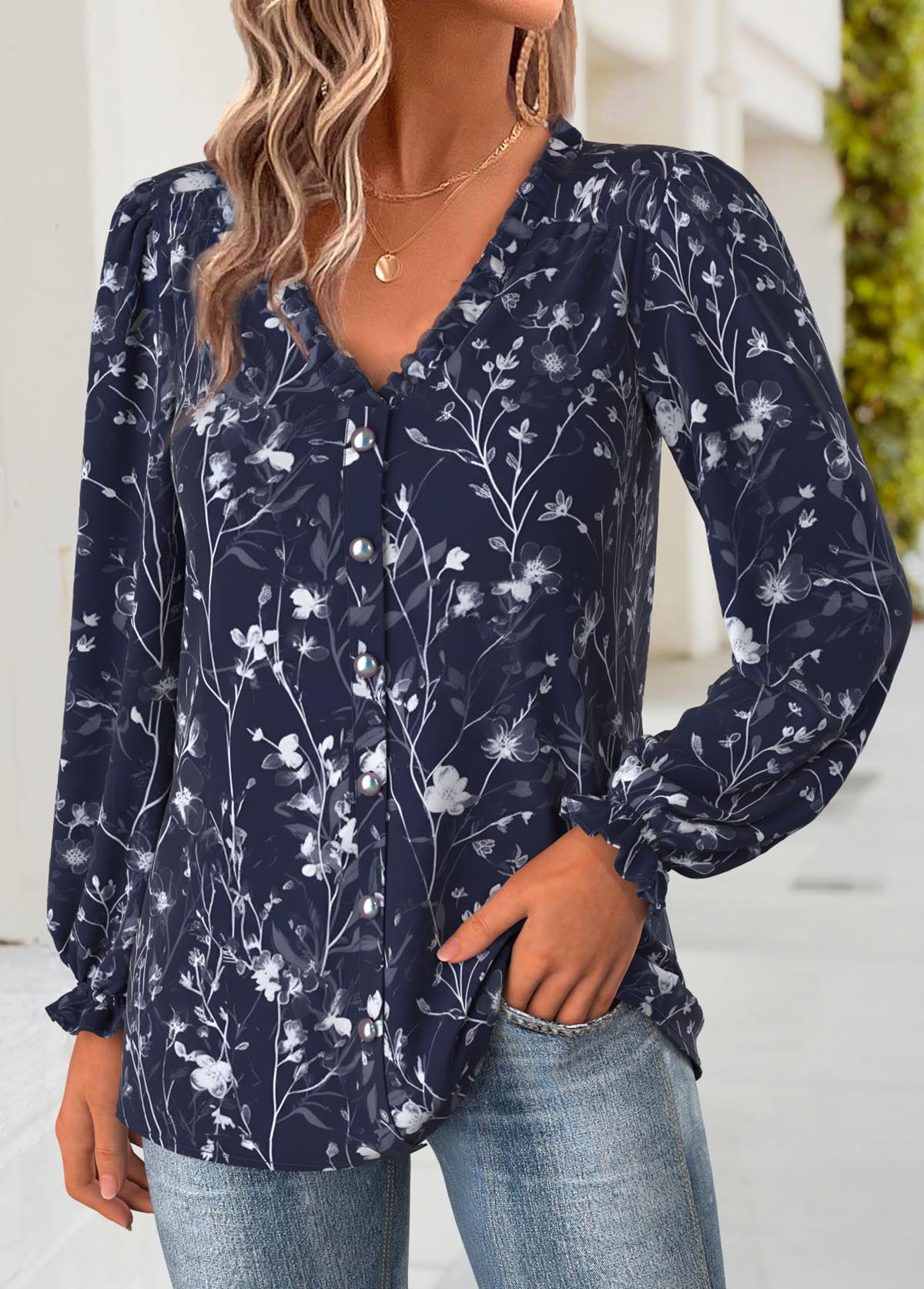 Navy Frill Floral Print Long Sleeve V Neck Blouse | picture 