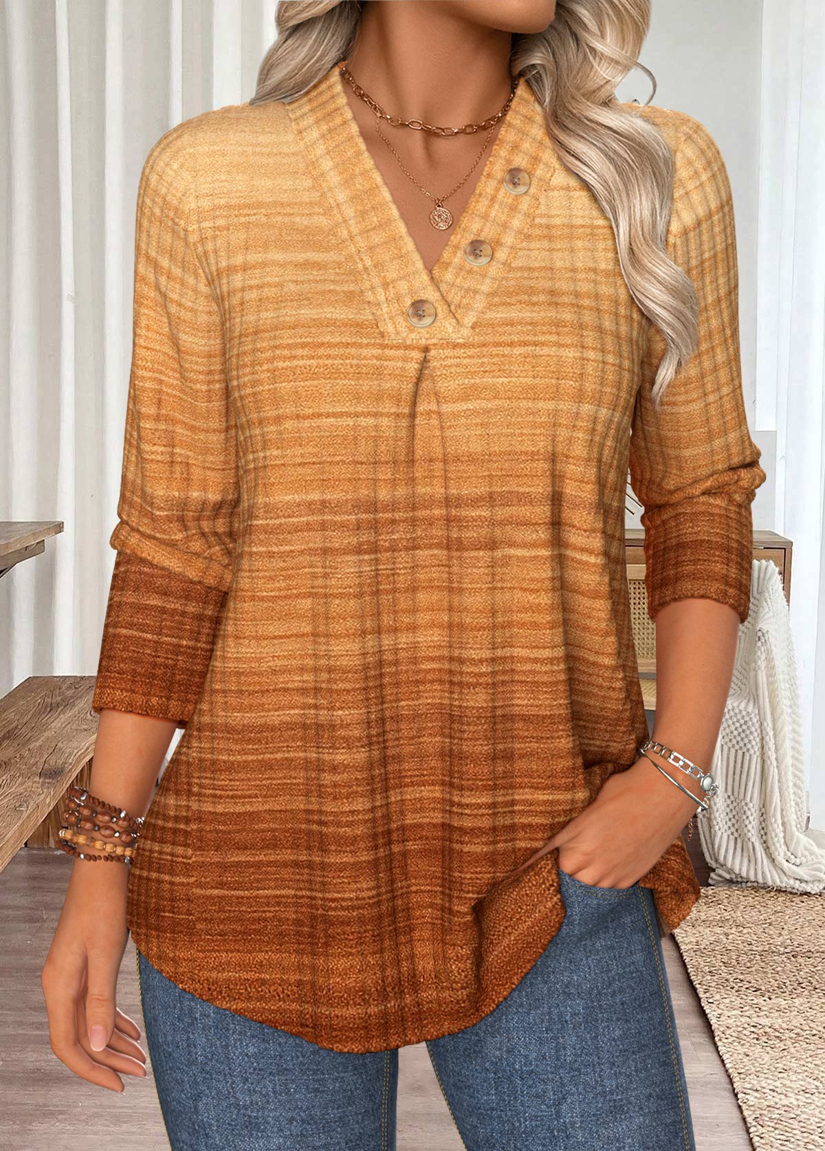 Light Camel Tummy Coverage Ombre Long Sleeve T Shirt | picture 