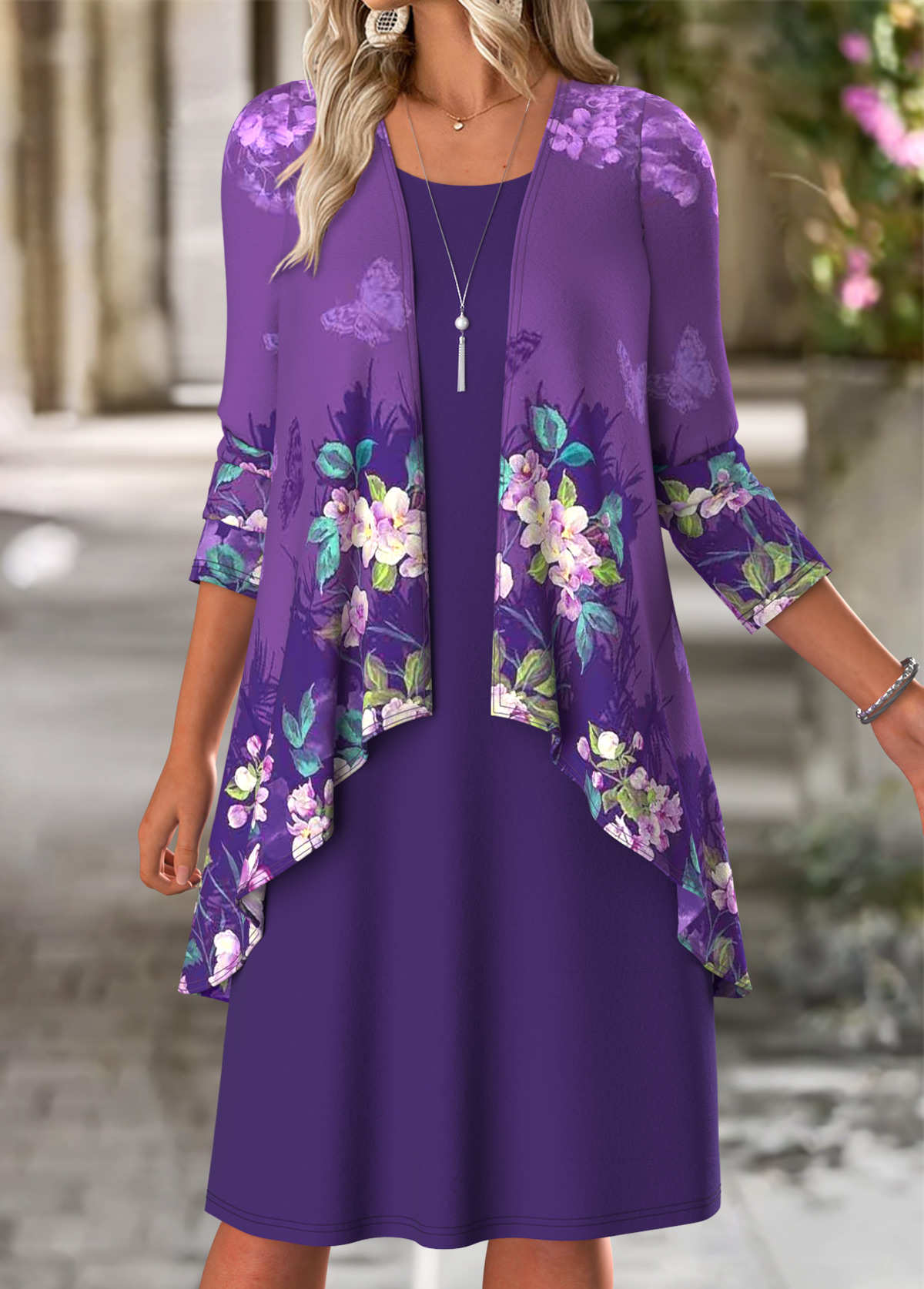 Purple Tummy Coverage Floral Print Dress and Cardigan | picture 