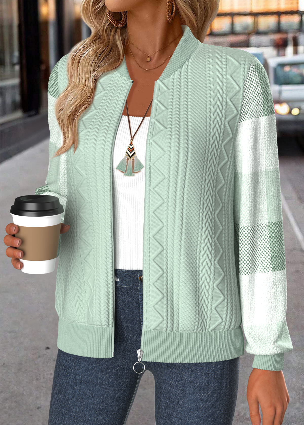 Light Green Tummy Coverage Plaid Long Sleeve Jacket | picture 