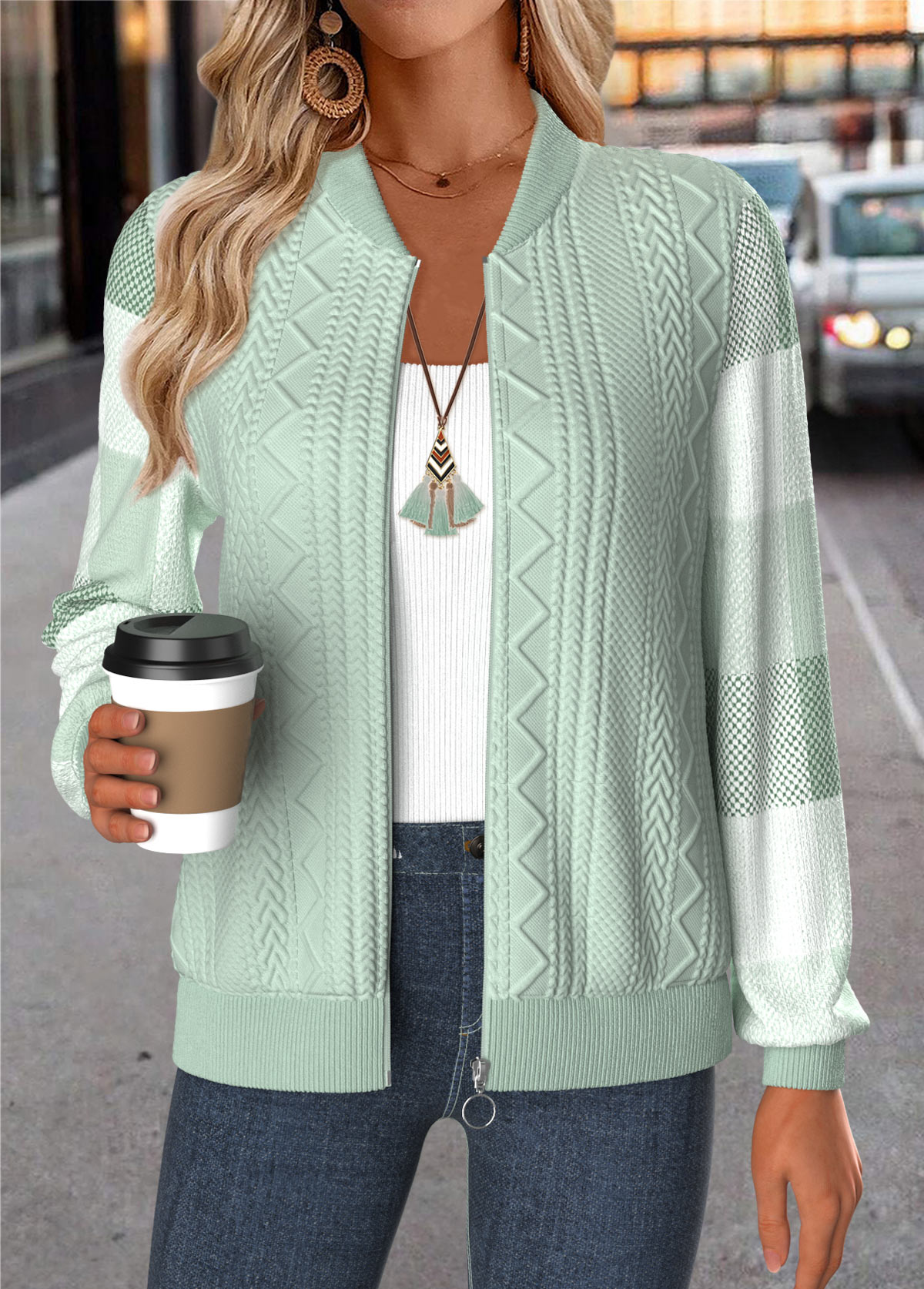 Light Green Tummy Coverage Plaid Long Sleeve Jacket | picture 