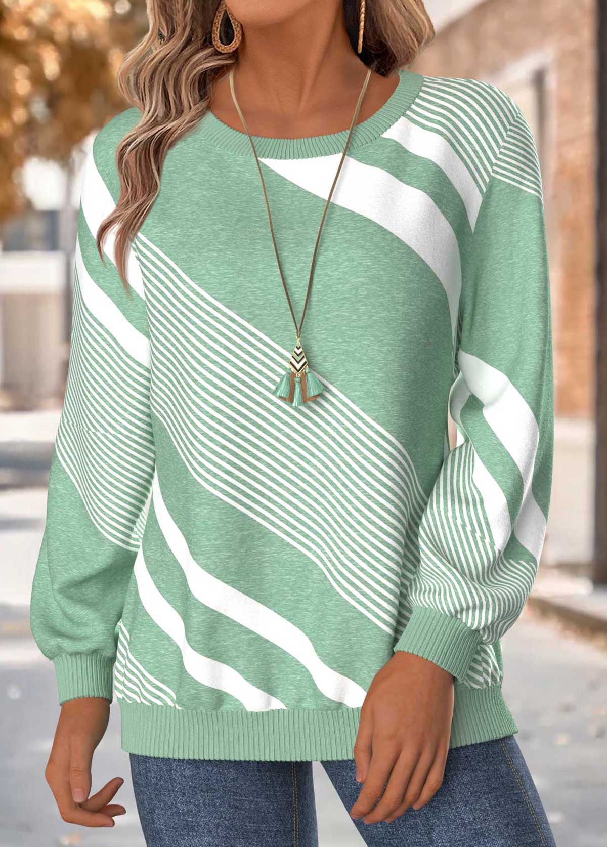 Mint Green Tummy Coverage Geometric Print Long Sleeve Sweatshirt | picture 