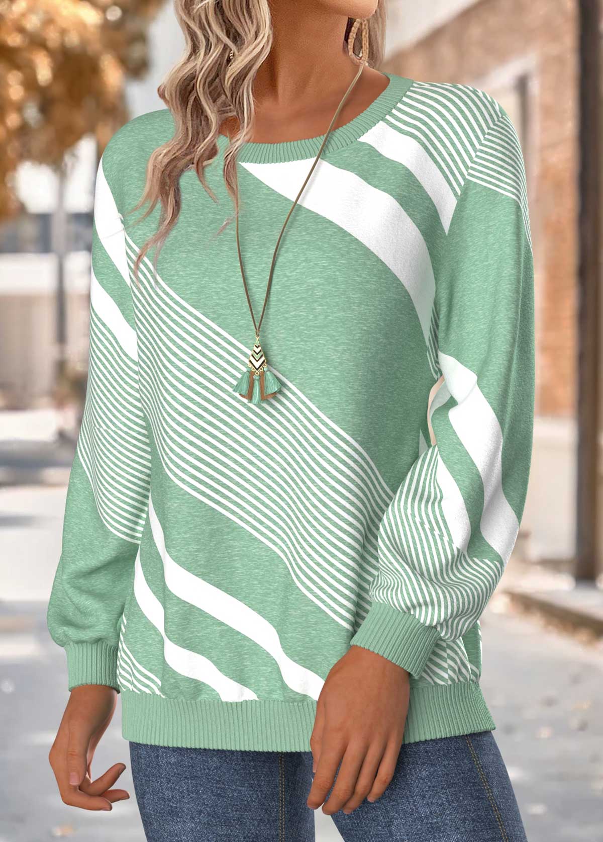 Mint Green Tummy Coverage Geometric Print Long Sleeve Sweatshirt | picture 