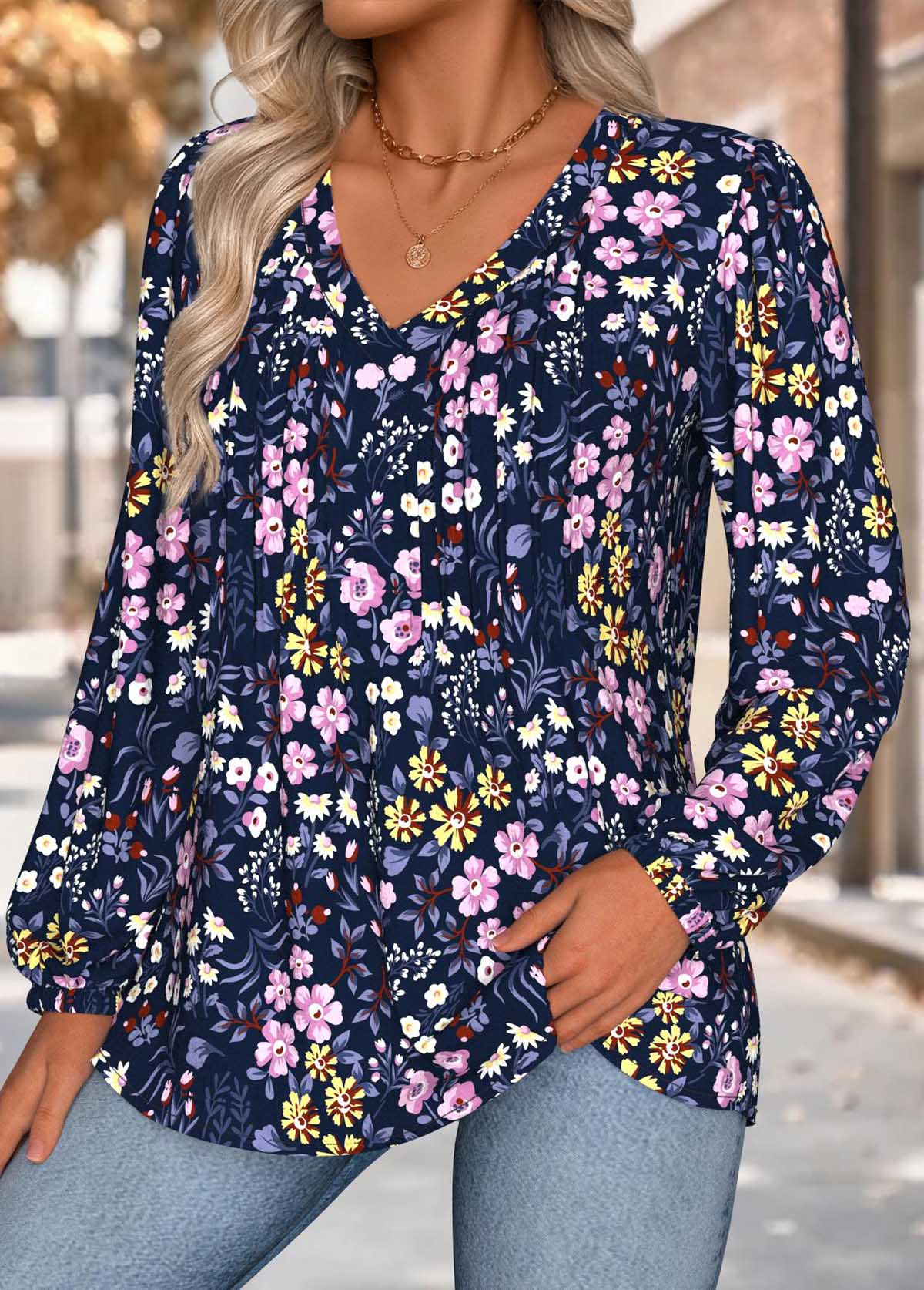 Navy Tummy Coverage Floral Print Long Sleeve Blouse | picture 