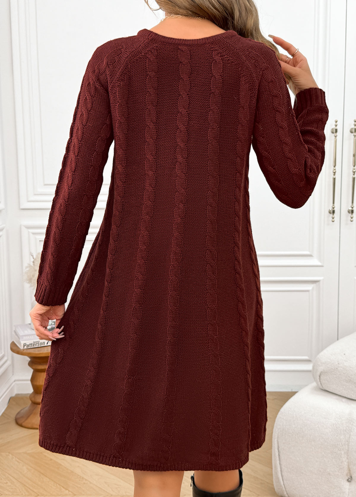 Wine Red A Line Long Sleeve Round Neck Dress | picture 