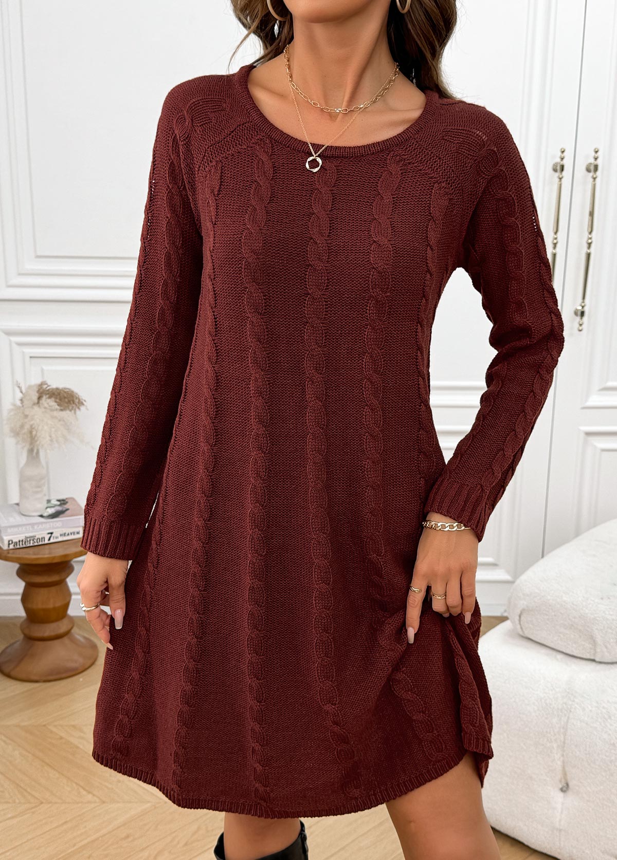 Wine Red A Line Long Sleeve Round Neck Dress | picture 