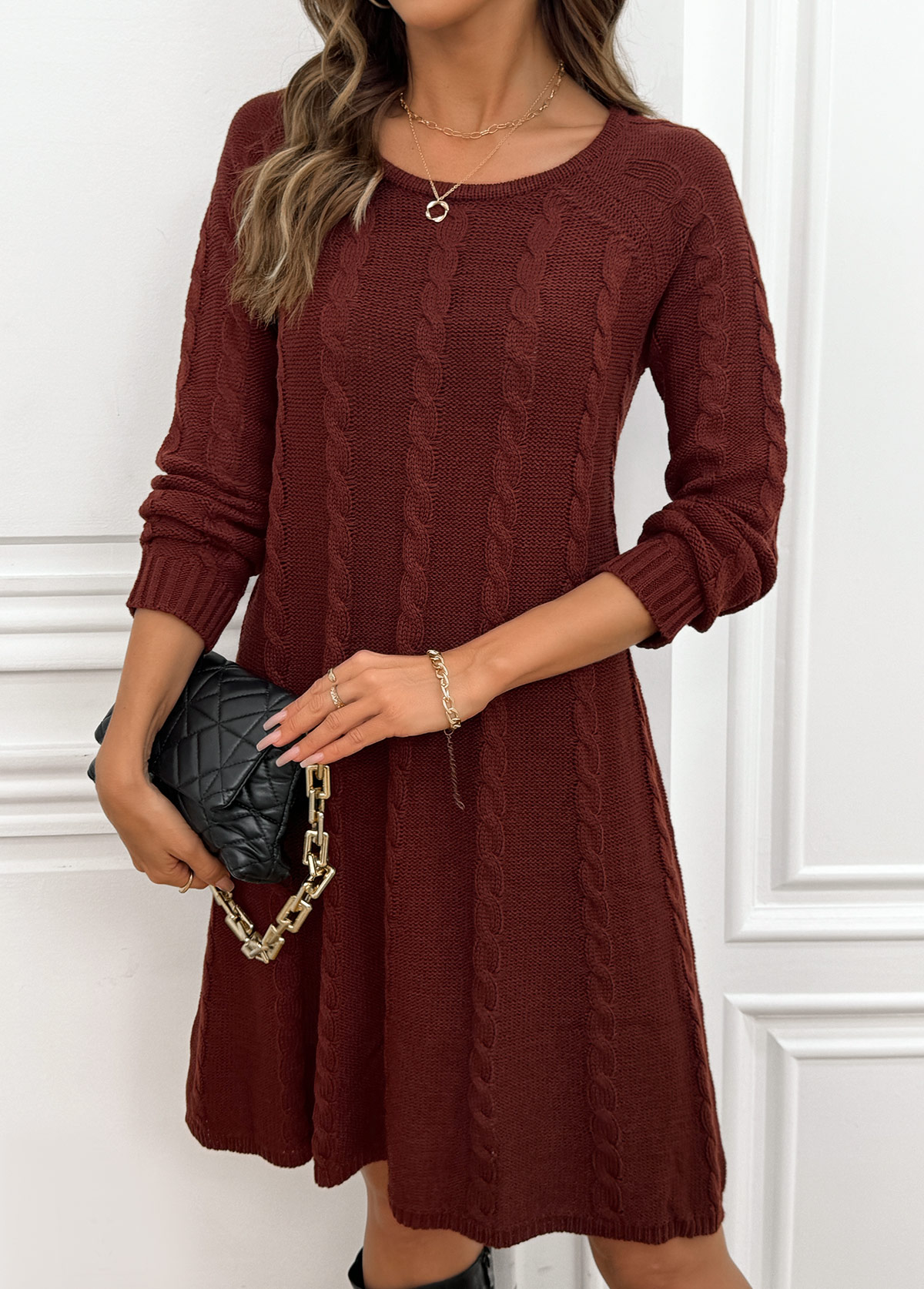 Wine Red A Line Long Sleeve Round Neck Dress | picture 