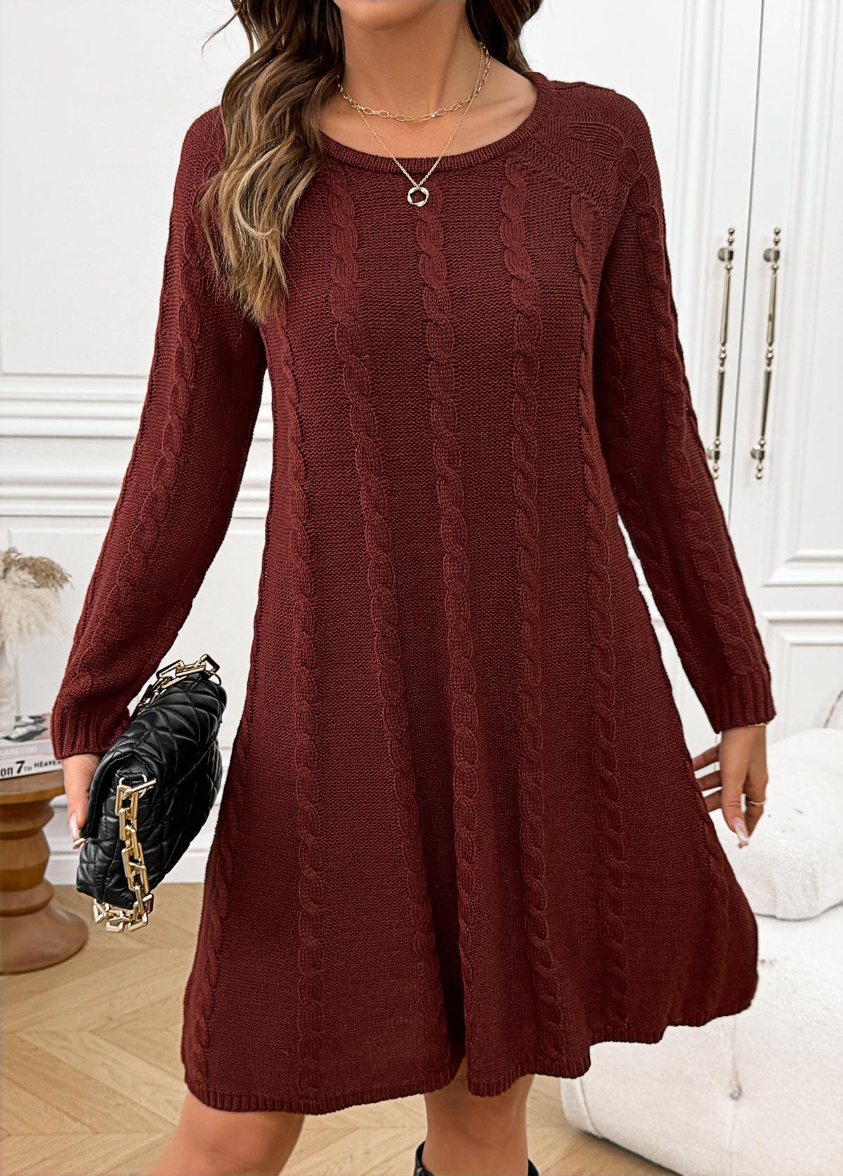 Wine Red A Line Long Sleeve Round Neck Dress | picture 