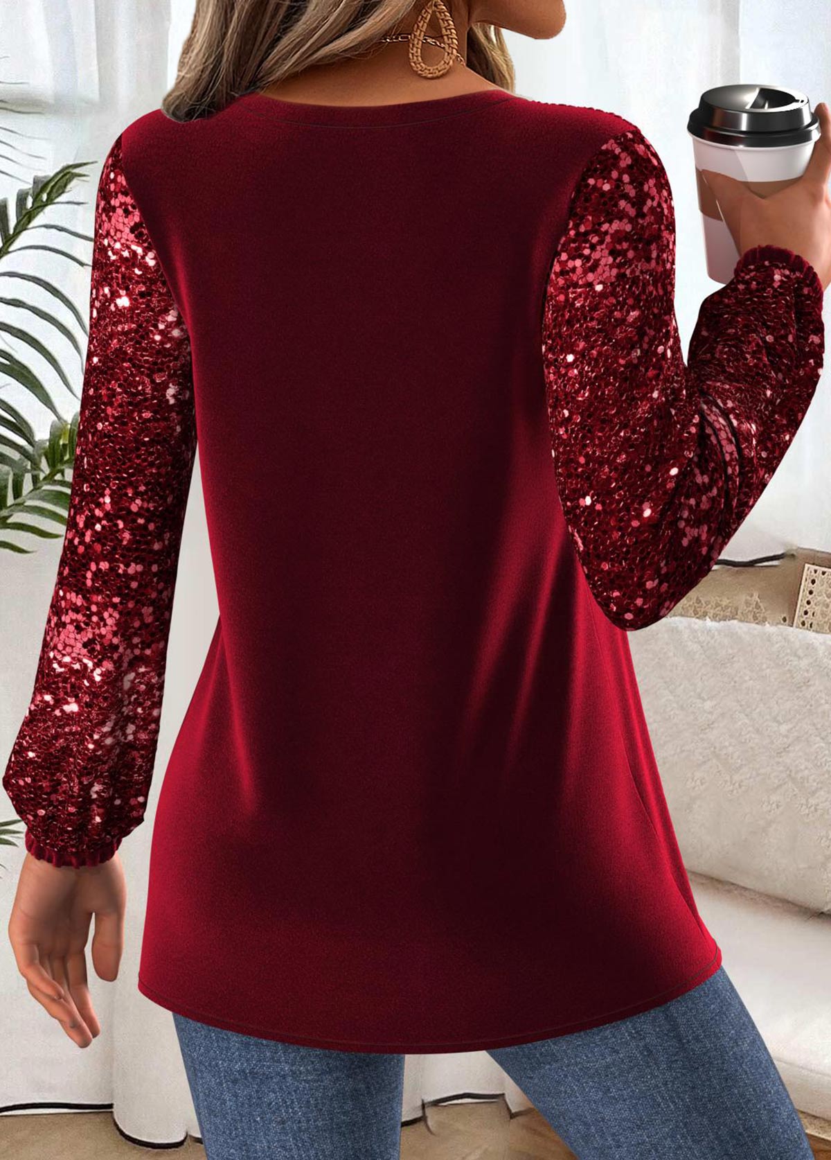 Wine Red Peplum Long Sleeve Split Neck Blouse | picture 