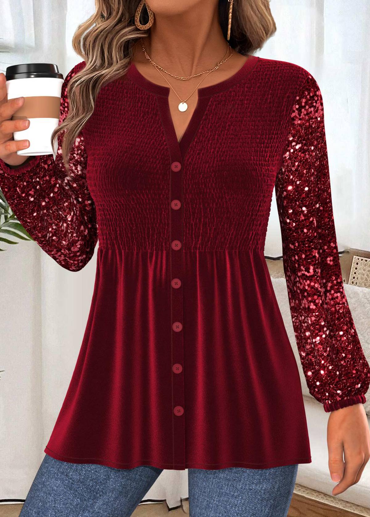 Wine Red Peplum Long Sleeve Split Neck Blouse | picture 